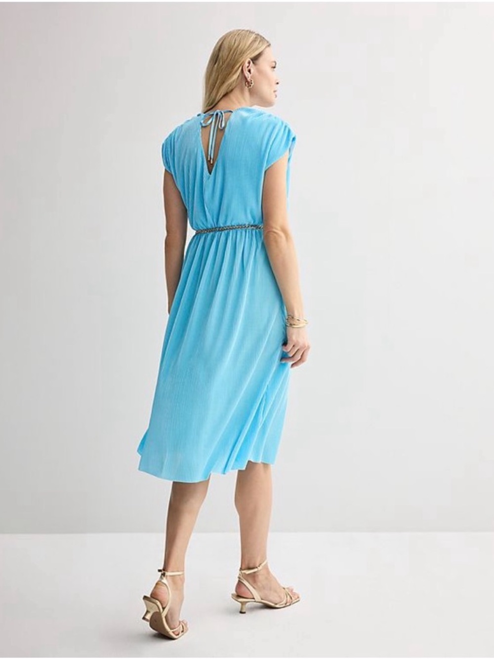 INTEMPO Plisse Midi Dress Accordion Pleated V Neck Blue Size Small - Picture 2 of 10
